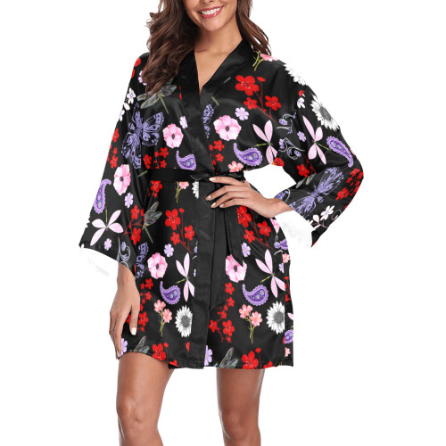 Black, Red, Pink, Purple, Dragonflies, Butterfly and Flowers Design Long Sleeve Kimono Robe