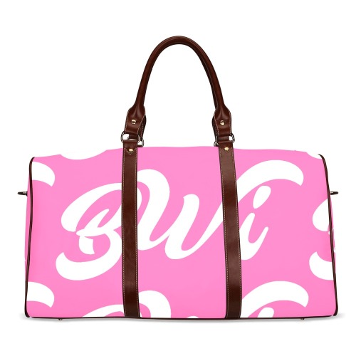 BWi Travel Bag: Hot Pink w/White Font-Brown Leather Straps Waterproof Travel Bag/Large (Model 1639)