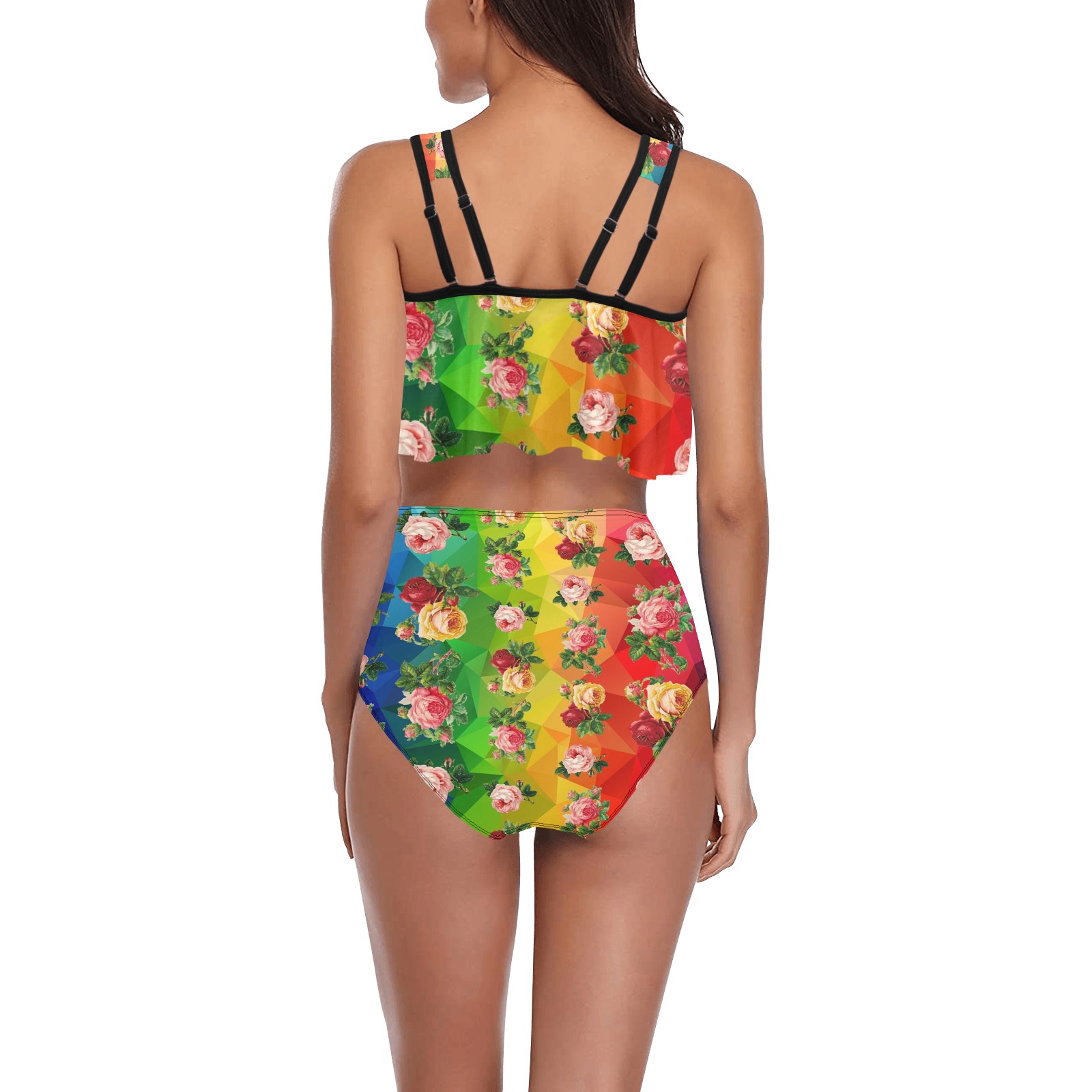 Rainbow Roses High Waisted Flounce Bikini Set (Model S24)