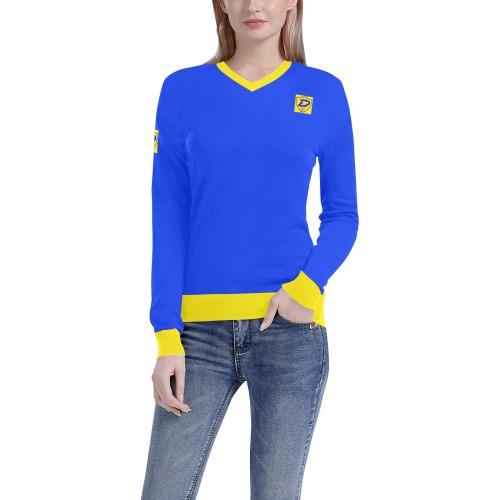 DIONIO Clothing - Women's V-Neck Sweater (Blue & Yellow) Women's All Over Print V-Neck Sweater (Model H48)