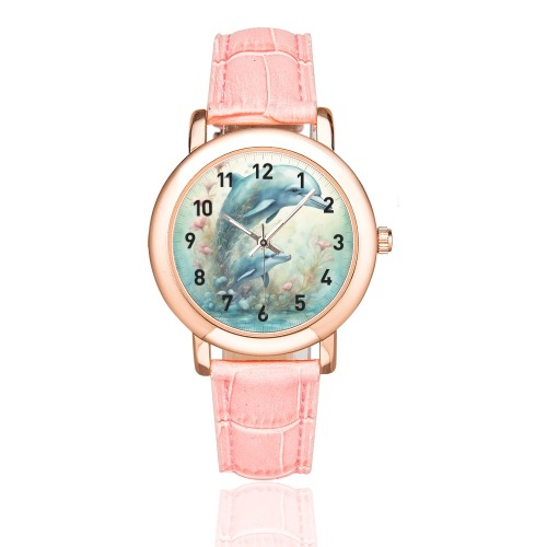 Dolphin Fantasy 9 Women's Rose Gold Leather Strap Watch(Model 201)