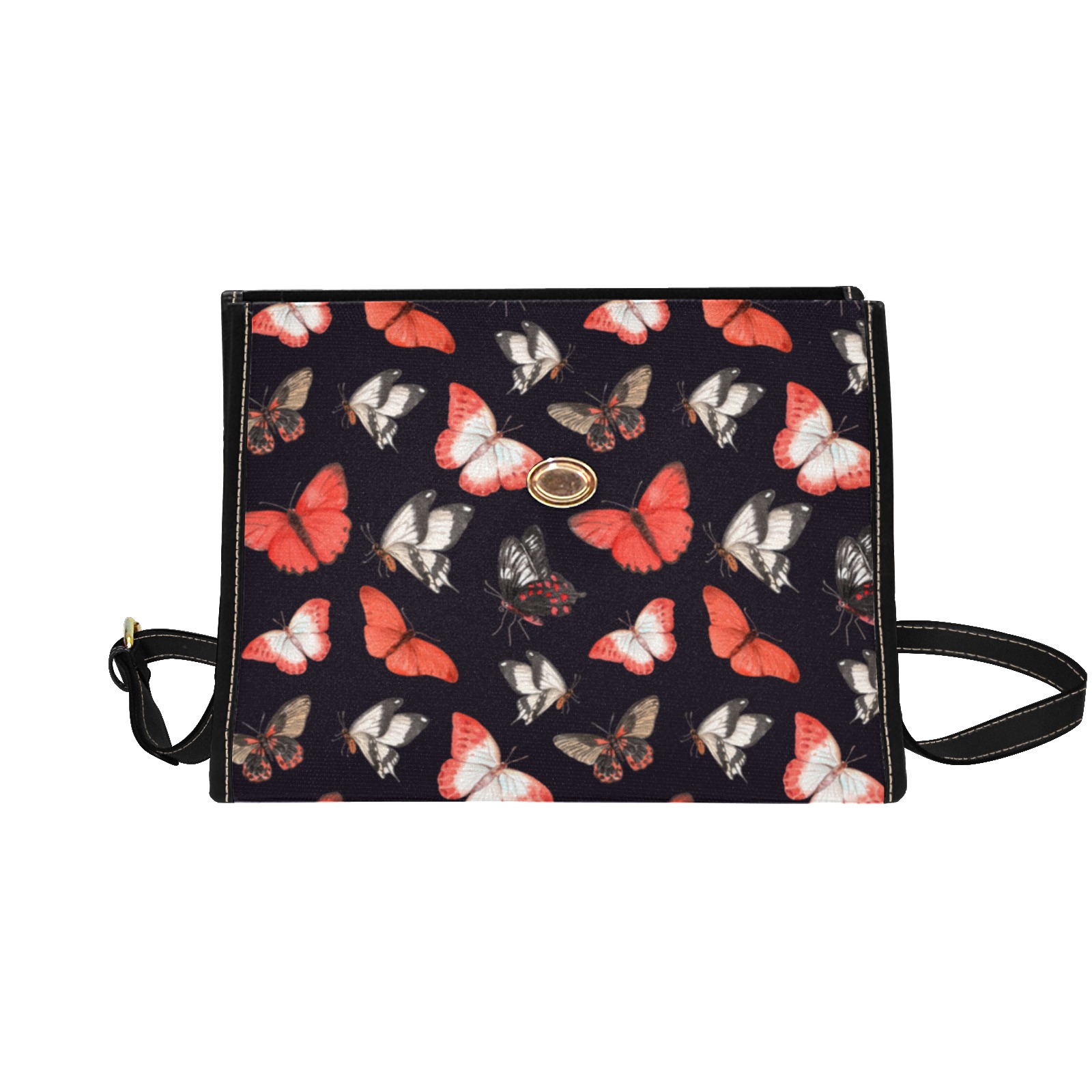 Red-Butterflies Waterproof Canvas Bag-Black (All Over Print) (Model 1641)