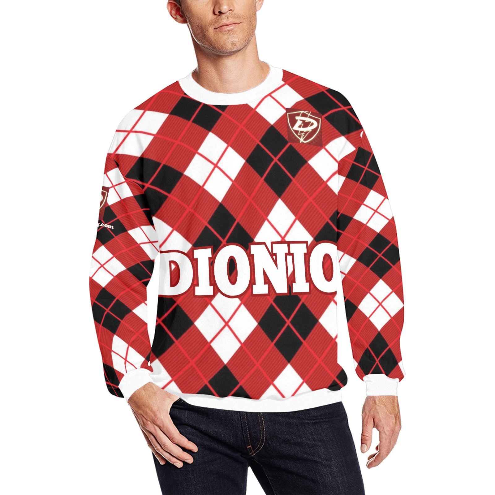 DIONIO Clothing - Argyle Red,Black & White Diamond Sweatshirt (Red D- Shield Logo) Men's Oversized Fleece Crew Sweatshirt (Model H18)
