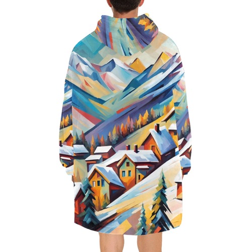 Fantasy mountain village skiing destination art Blanket Hoodie for Men
