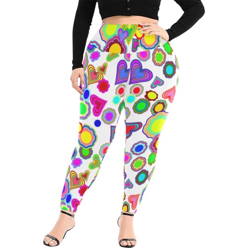 Groovy Hearts and Flowers White Women's Extra Plus Size High Waist Leggings (Model L45)
