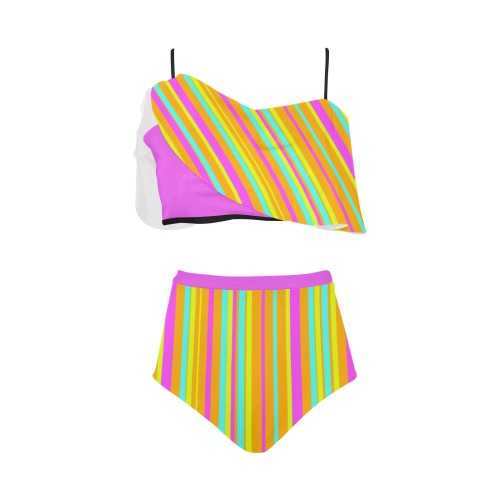 Neon Stripes Tangerine Turquoise Yellow Pink High Waisted Ruffle Bikini Set (Model S13)