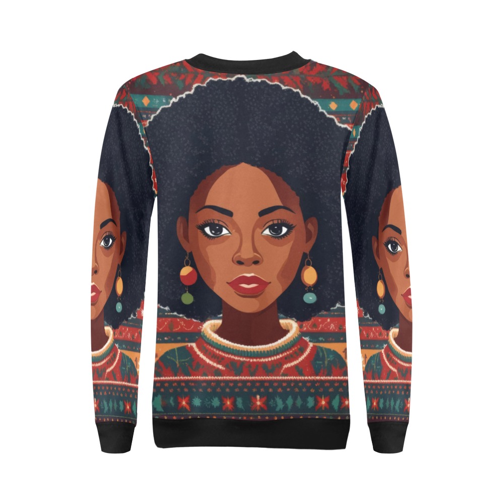 Lovely African American woman and tribal pattern. All Over Print Crewneck Sweatshirt for Women (Model H18)