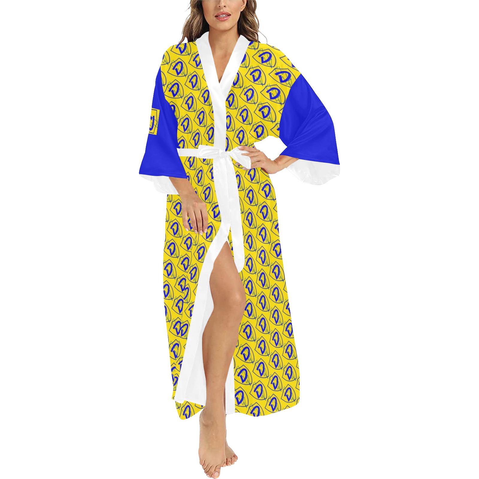 DIONIO Clothing - Long Kimono Robe (Blue & Yellow Repeat Logo) Long Kimono Robe