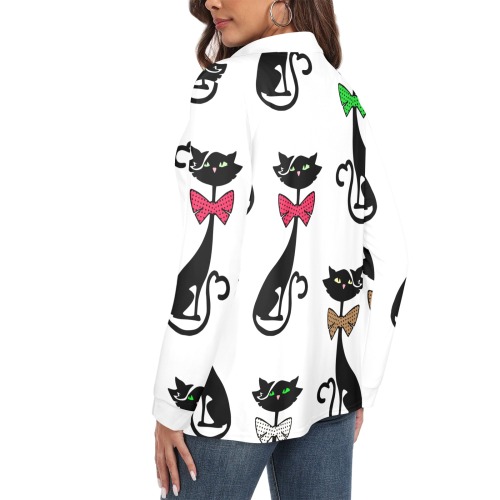 Black Cat with Bow Ties / White Women's Long Sleeve Polo Shirt (Model T73)