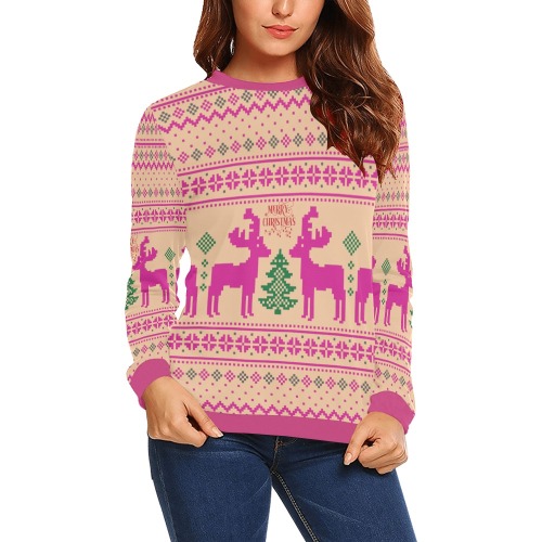 Merry Christmas Pink Reindeer Ugly Sweater All Over Print Crewneck Sweatshirt for Women (Model H18)