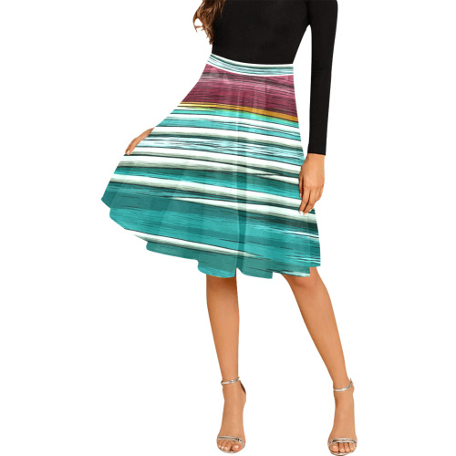 Abstract Red And Turquoise Horizontal Stripes Melete Pleated Midi Skirt (Model D15)