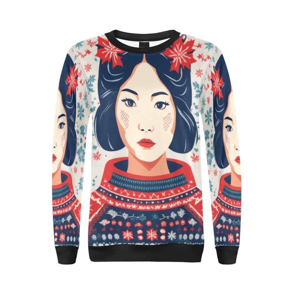 Amazing Japanese girl in sweater, winter snow art. All Over Print Crewneck Sweatshirt for Women (Model H18)