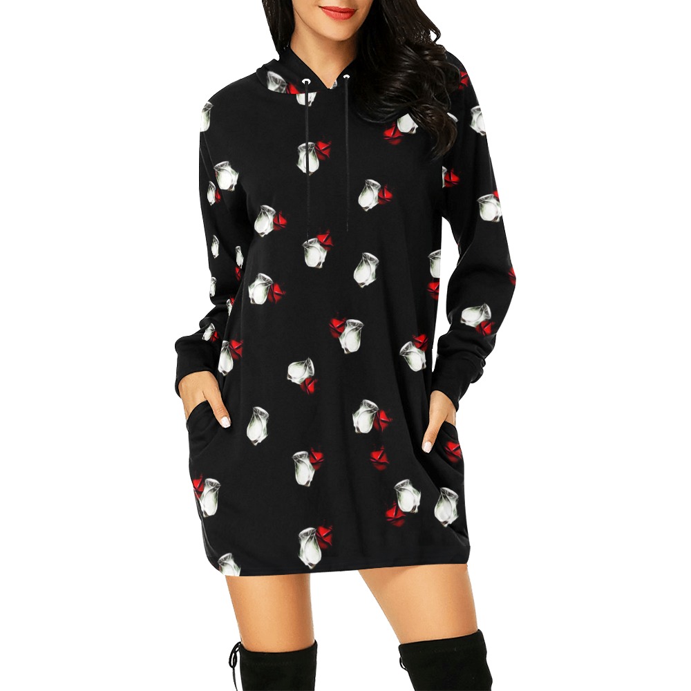 White and Red Roses All Over Print Hoodie Mini Dress (Model H27)