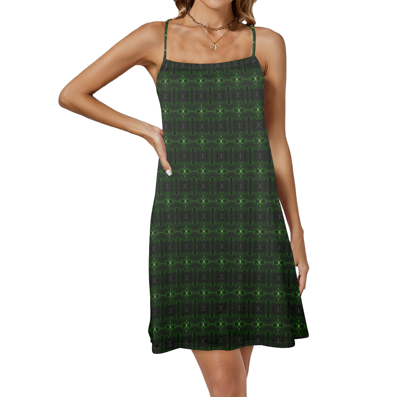 Green Glass Kaleidoscope Drawstring Neck Sleeveless Dress (Model D68)