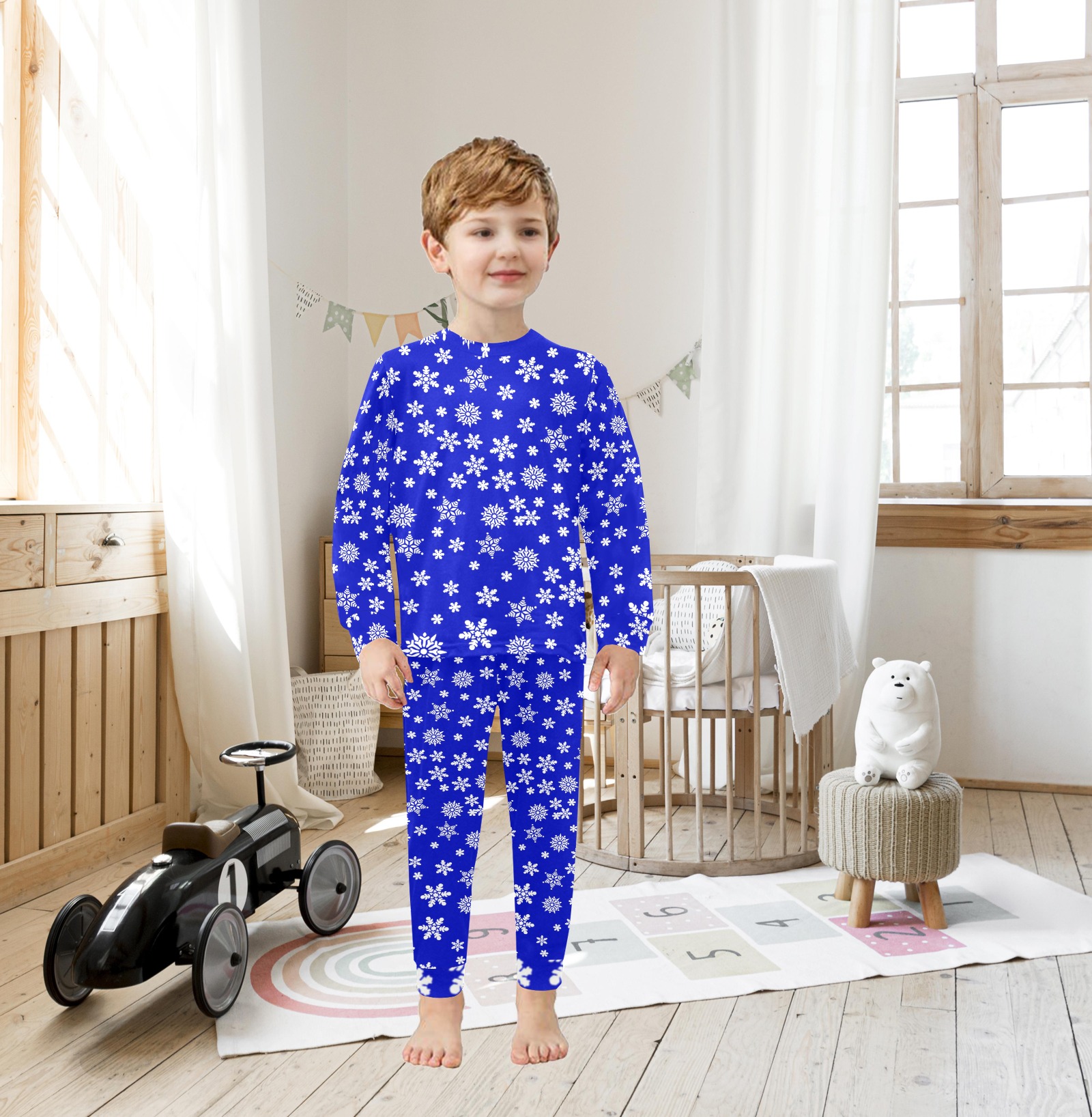 Christmas White Snowflakes on Blue Little Boys' Crew Neck Long Pajama Set