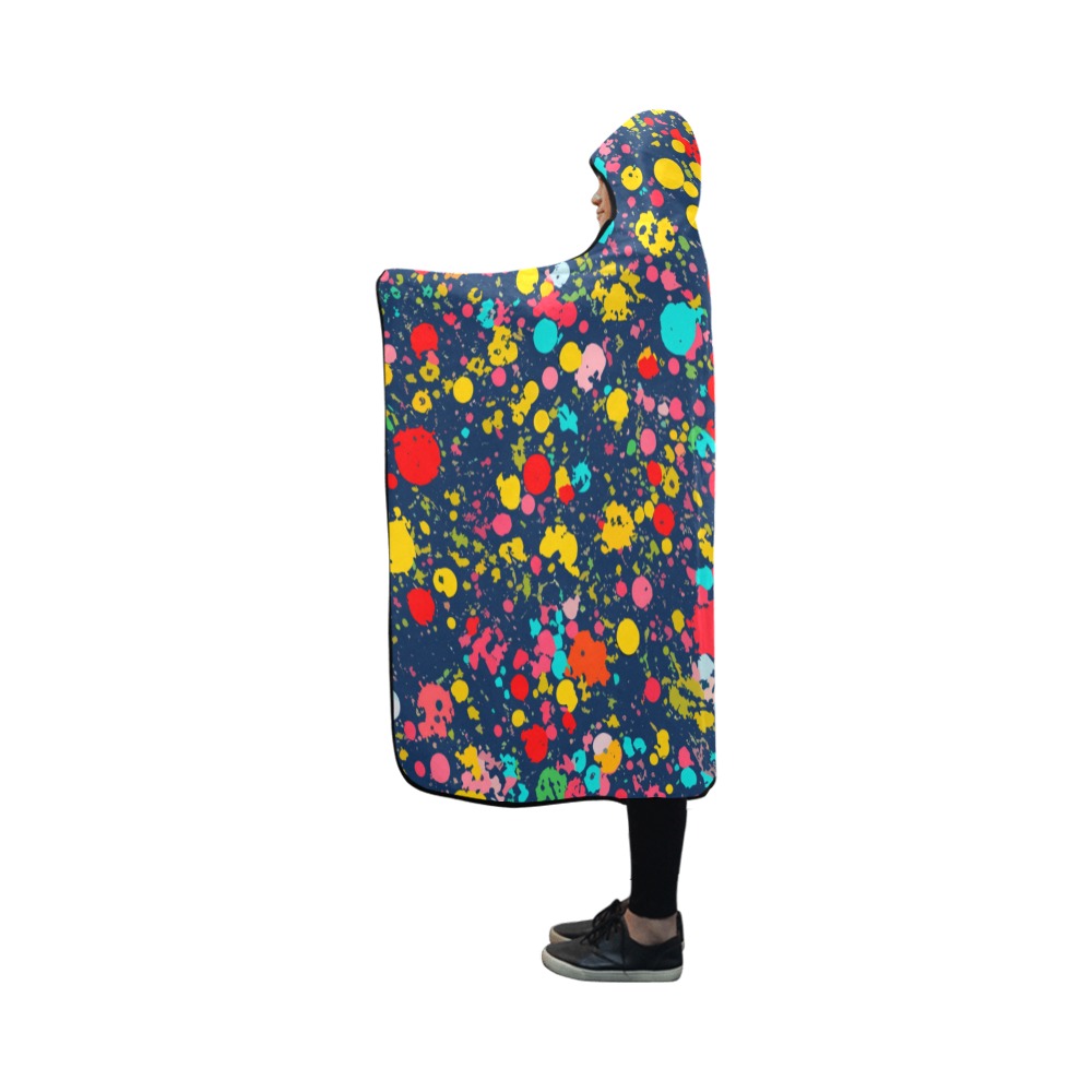Yellow, red, and turquoise dots on navy blue art. Hooded Blanket 50''x40''