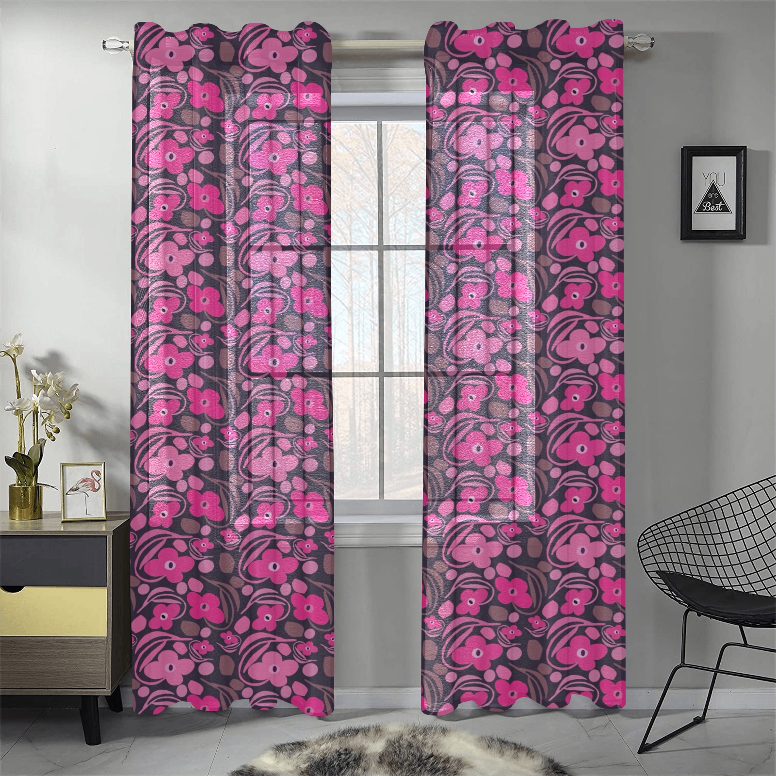 Retro pink floral Gauze Curtain 28"x84" (Two-Piece)