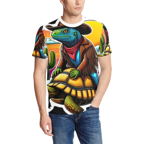 IGUANA RIDING DESERT TORTOISE Men's All Over Print T-Shirt (Solid Color Neck) (Model T63)