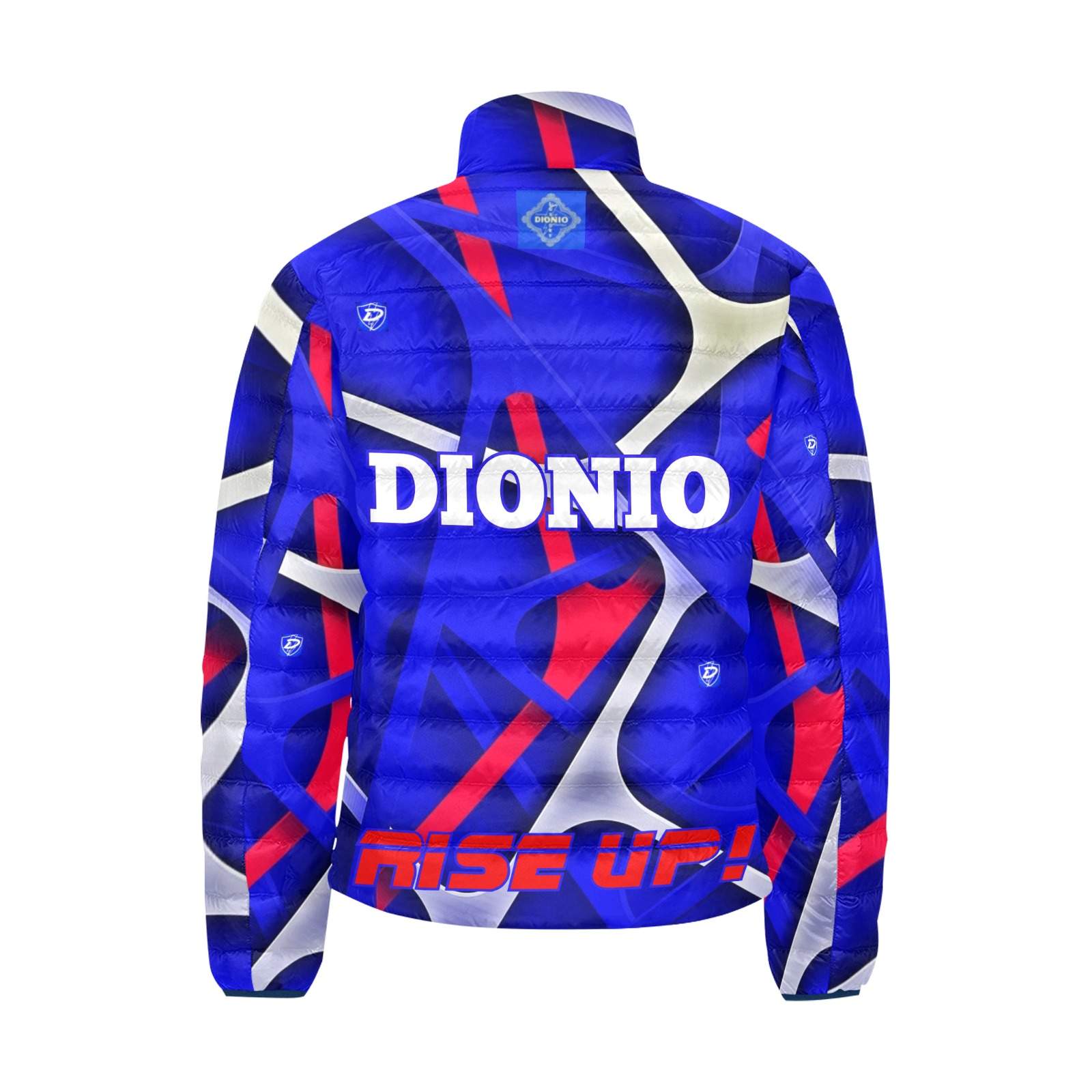 DIONIO Clothing - RISE UP! Stand Collar Padded Jacket (Blue, White & Red) Men's Stand Collar Padded Jacket (Model H41)