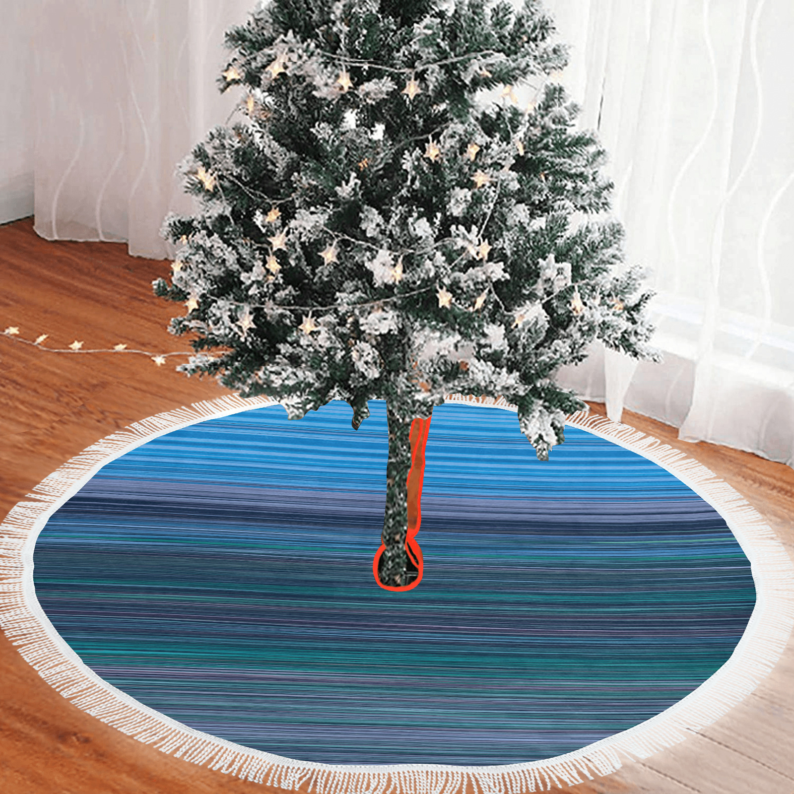 Abstract Blue Horizontal Stripes Thick Fringe Christmas Tree Skirt 60"x60"