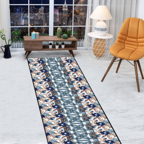 Blue Floral with tile Rug Area Rug with Black Binding 9'6''x3'3''