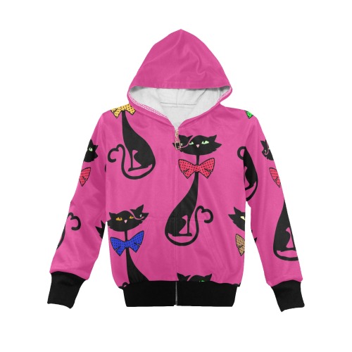 Black Cat with Bow Ties / Pink Little Girls' Zip Up Hoodie (Model H58)