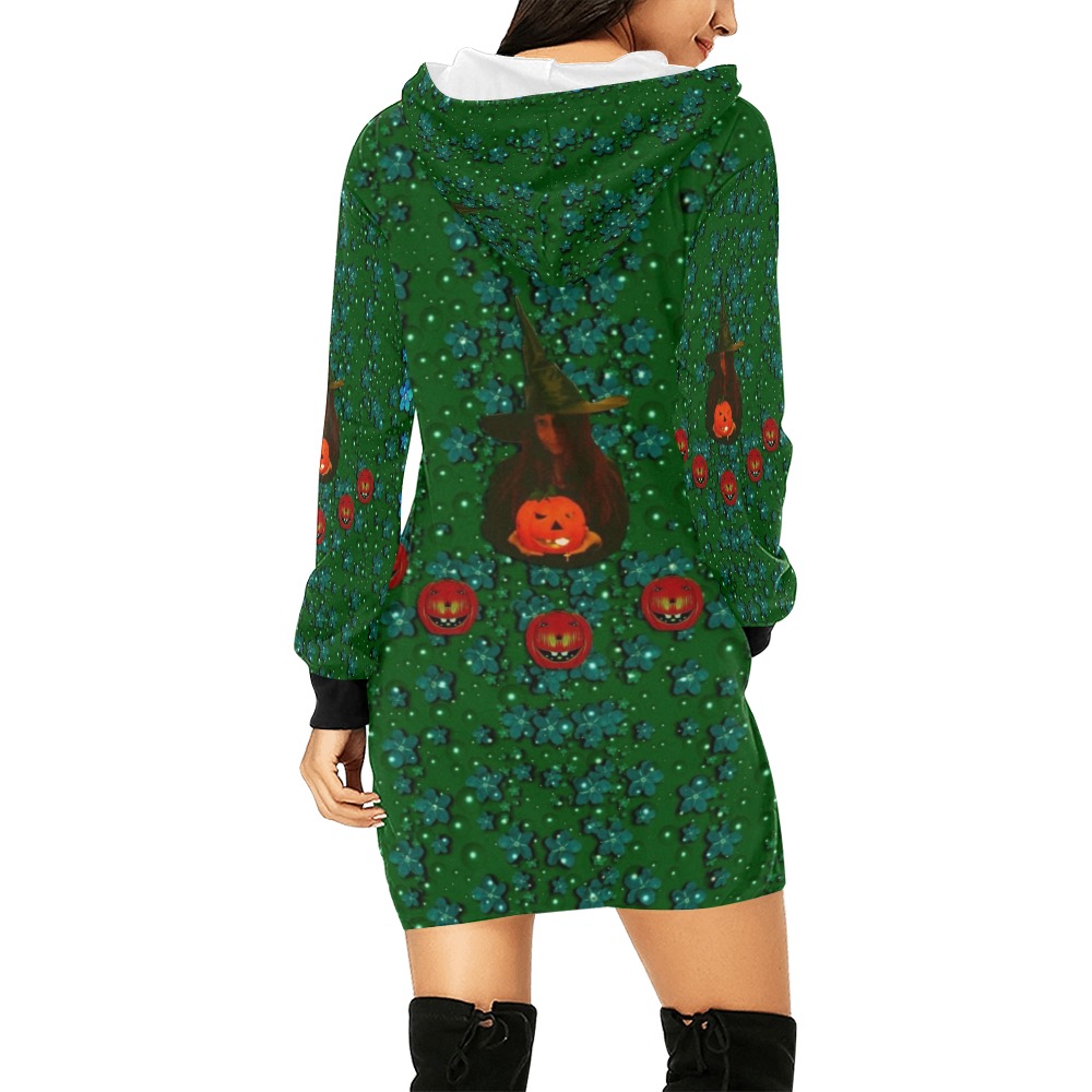 halloween pumkin lady in the rain All Over Print Hoodie Mini Dress (Model H27)