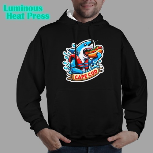 CAPE COD-GREAT WHITE EATING HOT DOG 2 Men's Glow in the Dark Hoodie (Front Printing)