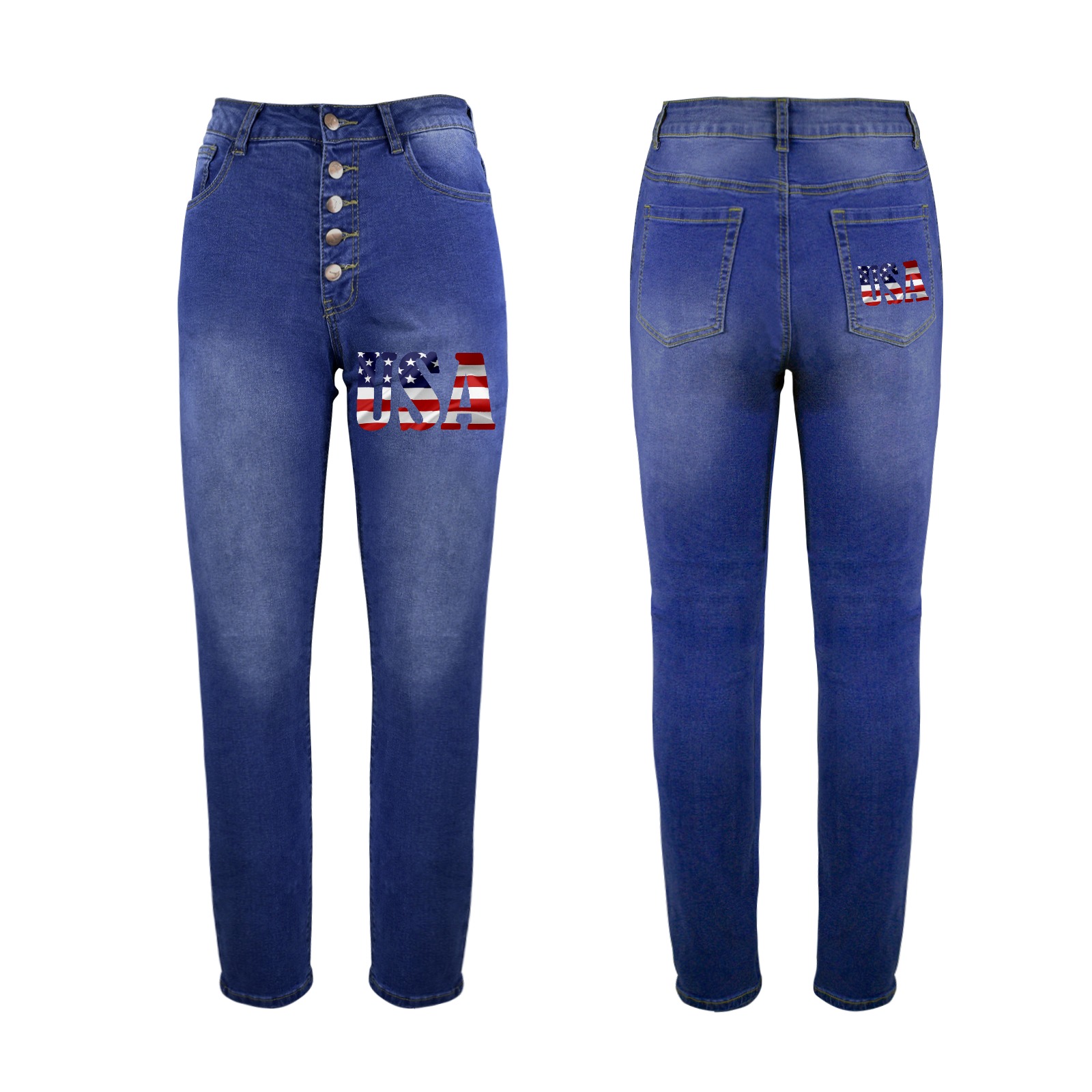 USA text decorated with the American flag art. Women's Jeans (Front&Back Printing)