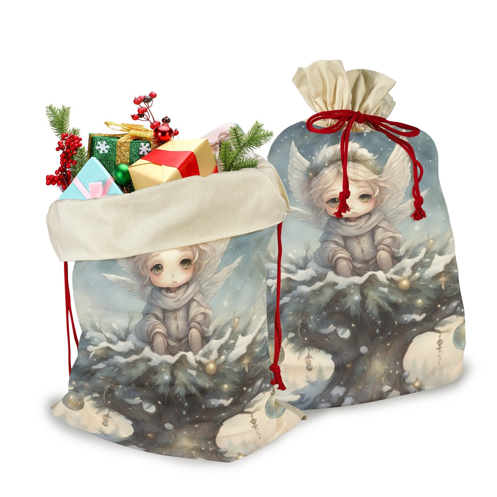 Little Christmas Angel 3 Pack Santa Claus Drawstring Bags (Two Sides Printing)