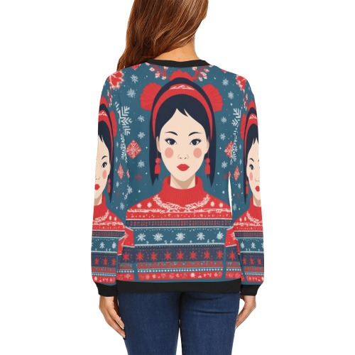 Awesome Chinese girl in red sweater, snowflakes. All Over Print Crewneck Sweatshirt for Women (Model H18)