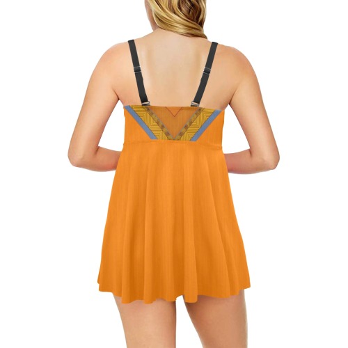 Ethnic Orange, Blue and Rust Chest Pleat Swim Dress (Model S31)