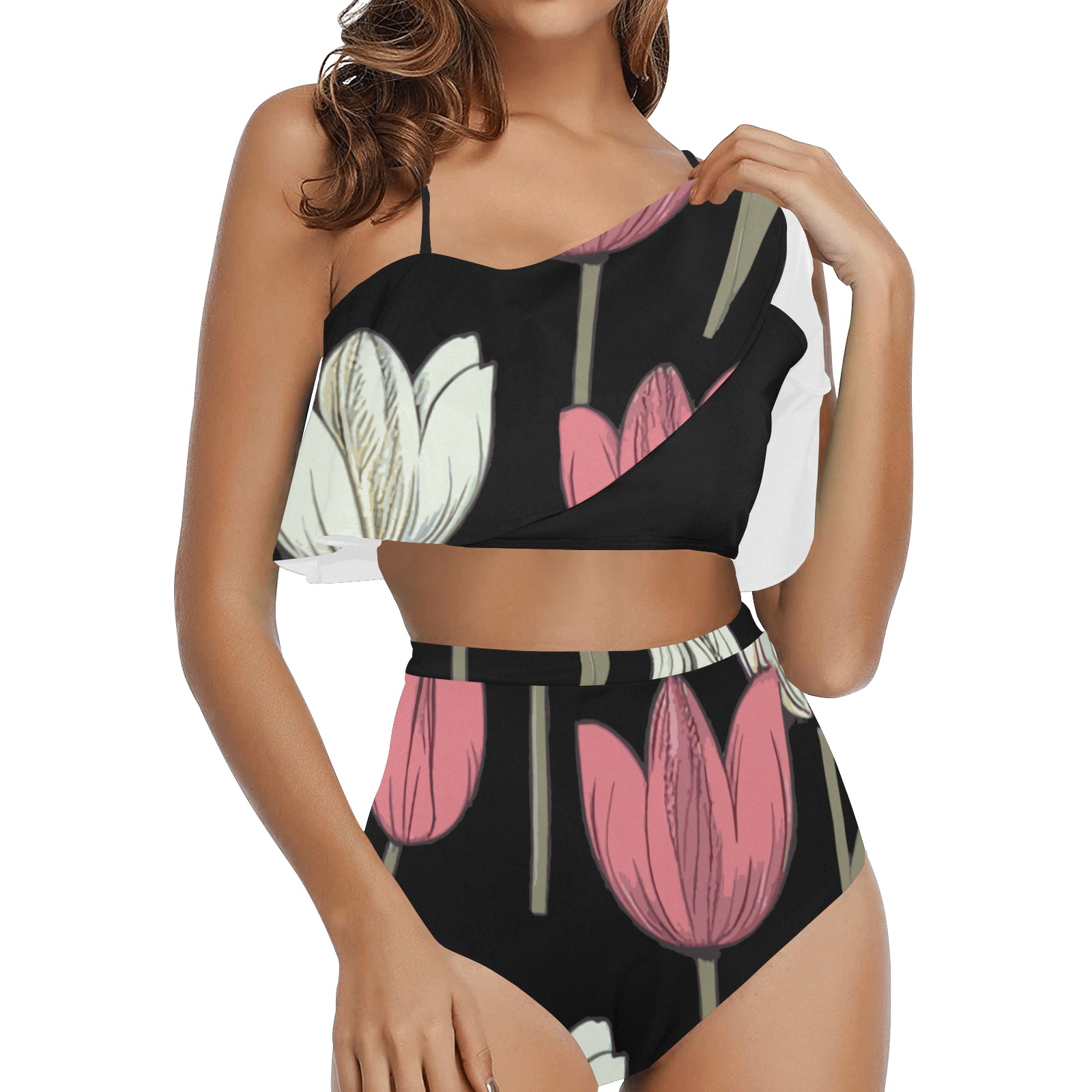 Floral High Waisted Ruffle Bikini Set (Model S13)