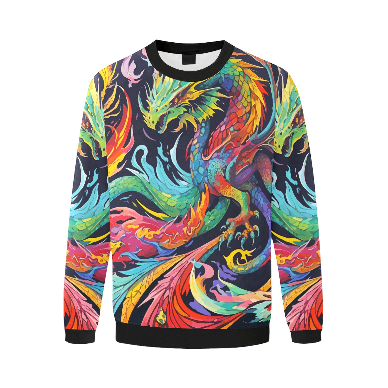 Awesome colorful abstract dragons, fire on black. Men's Oversized Fleece Crew Sweatshirt (Model H18)