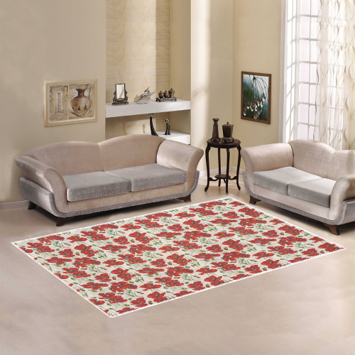 Red Poppy Flowers Vintage Floral Pattern Area Rug7'x5'