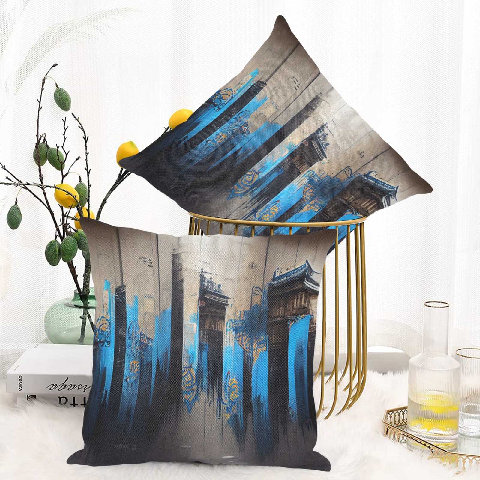 graffiti building's black and blue Linen Zippered Pillowcase 18"x18"(One Side&Pack of 2)