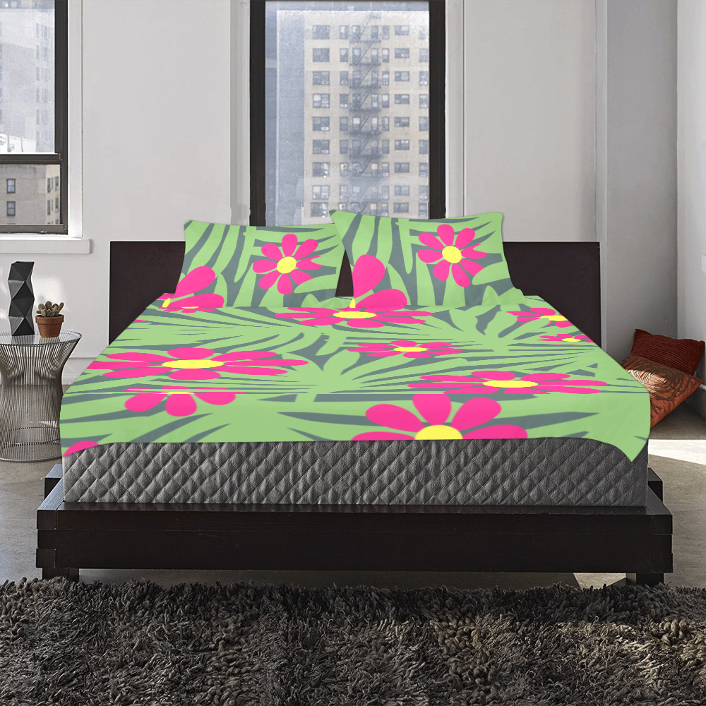 Pink Exotic Paradise Jungle Flowers and Leaves 3-Piece Bedding Set