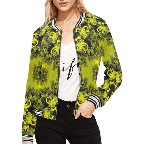 Summer Sunflowers Frost Fractal All Over Print Bomber Jacket for Women (Model H21)