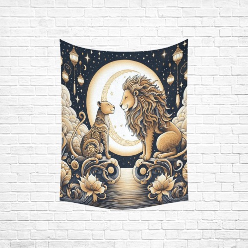 Moonlight Lions Love Polyester Peach Skin Wall Tapestry 30"x 40"