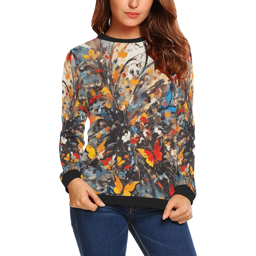 Beautiful colorful butterflies and abstract plants All Over Print Crewneck Sweatshirt for Women (Model H18)