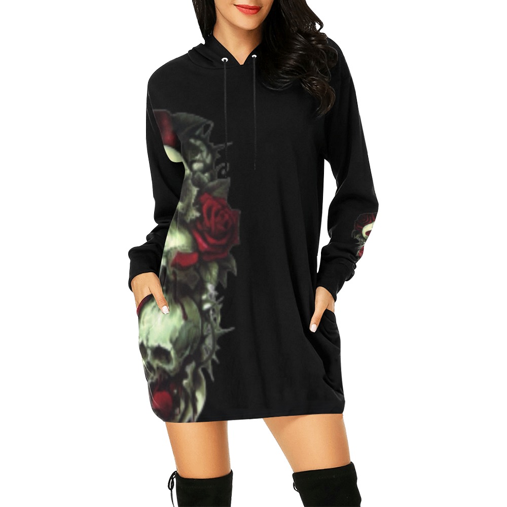 Skulls and Flowers All Over Print Hoodie Mini Dress (Model H27)