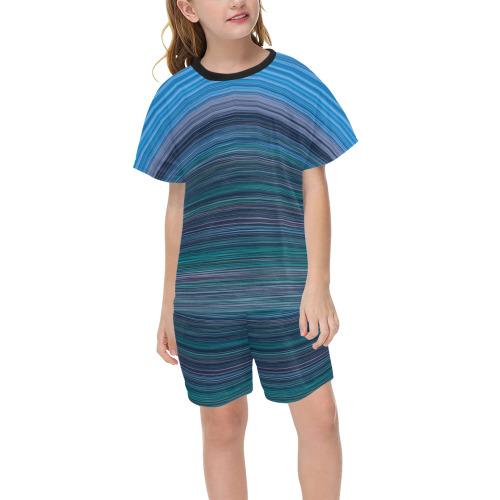 Abstract Blue Horizontal Stripes Big Girls' Short Pajama Set