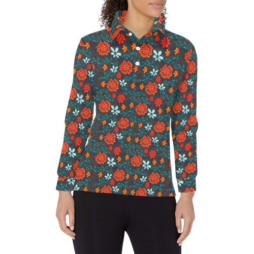 Pretty floral pattern Women's Long Sleeve Polo Shirt (Model T73)