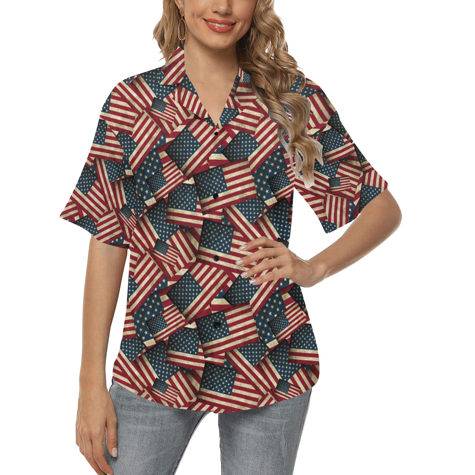 Patriotic USA American Flag Art All Over Print Hawaiian Shirt for Women (Model T58)