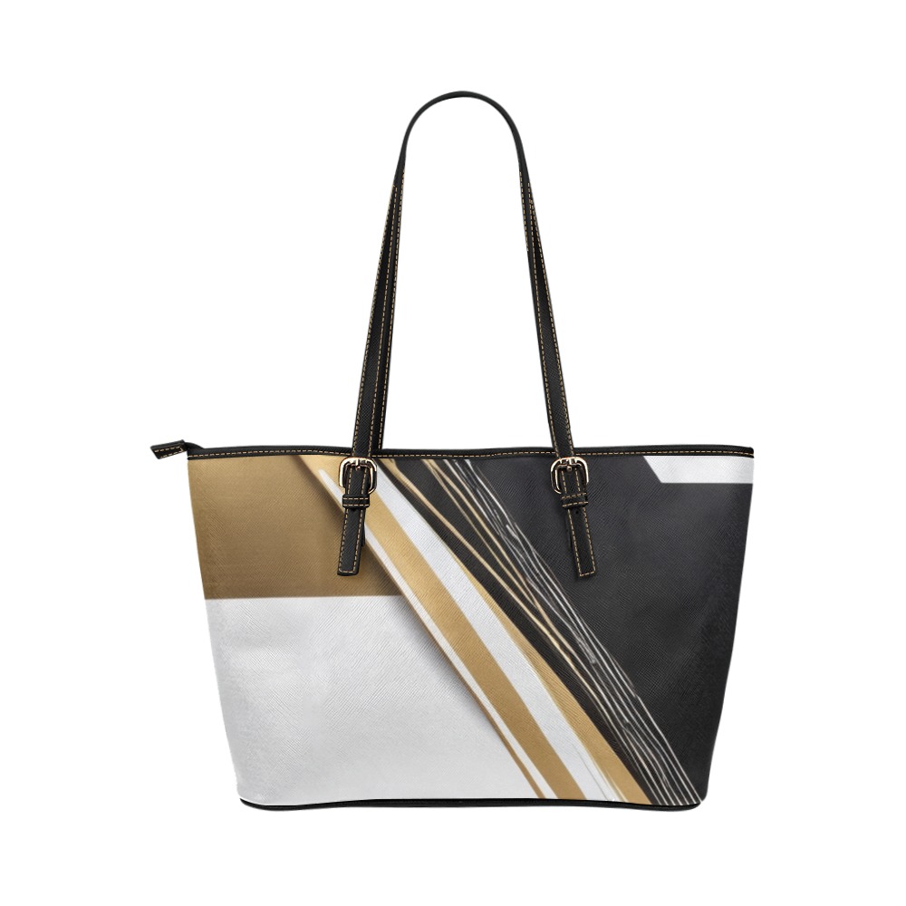 Black/White/Gold Design Leather Tote Bag/Large (Model 1651)