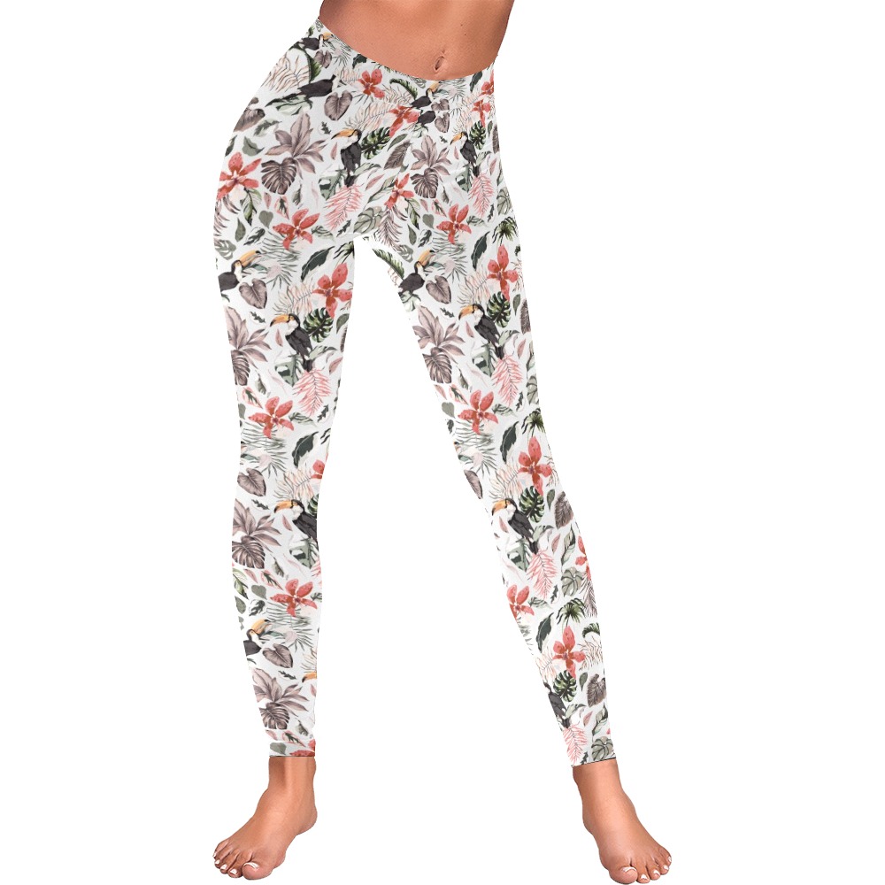 Toucans in the flowered jungle Women's Low Rise Leggings (Invisible Stitch) (Model L05)