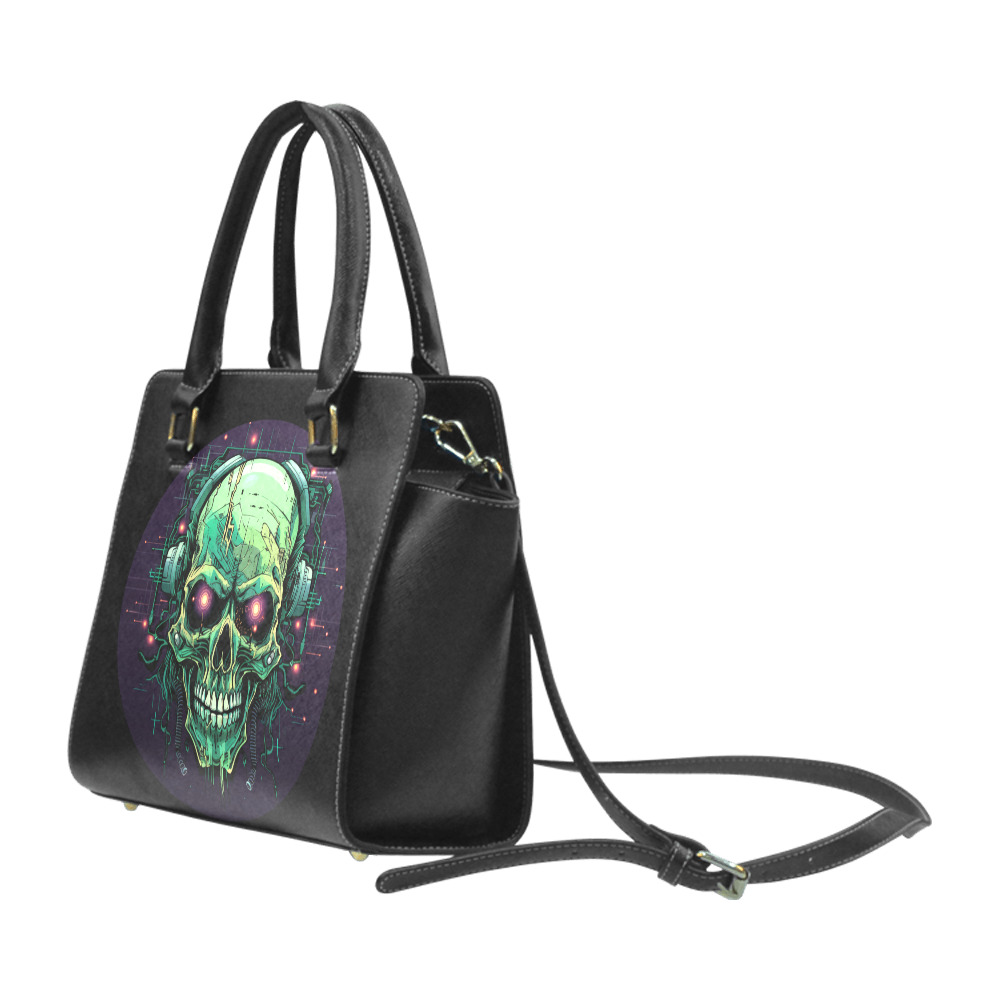 Zombie Skull with Headphones Black Rivet Shoulder Handbag (Model 1645)