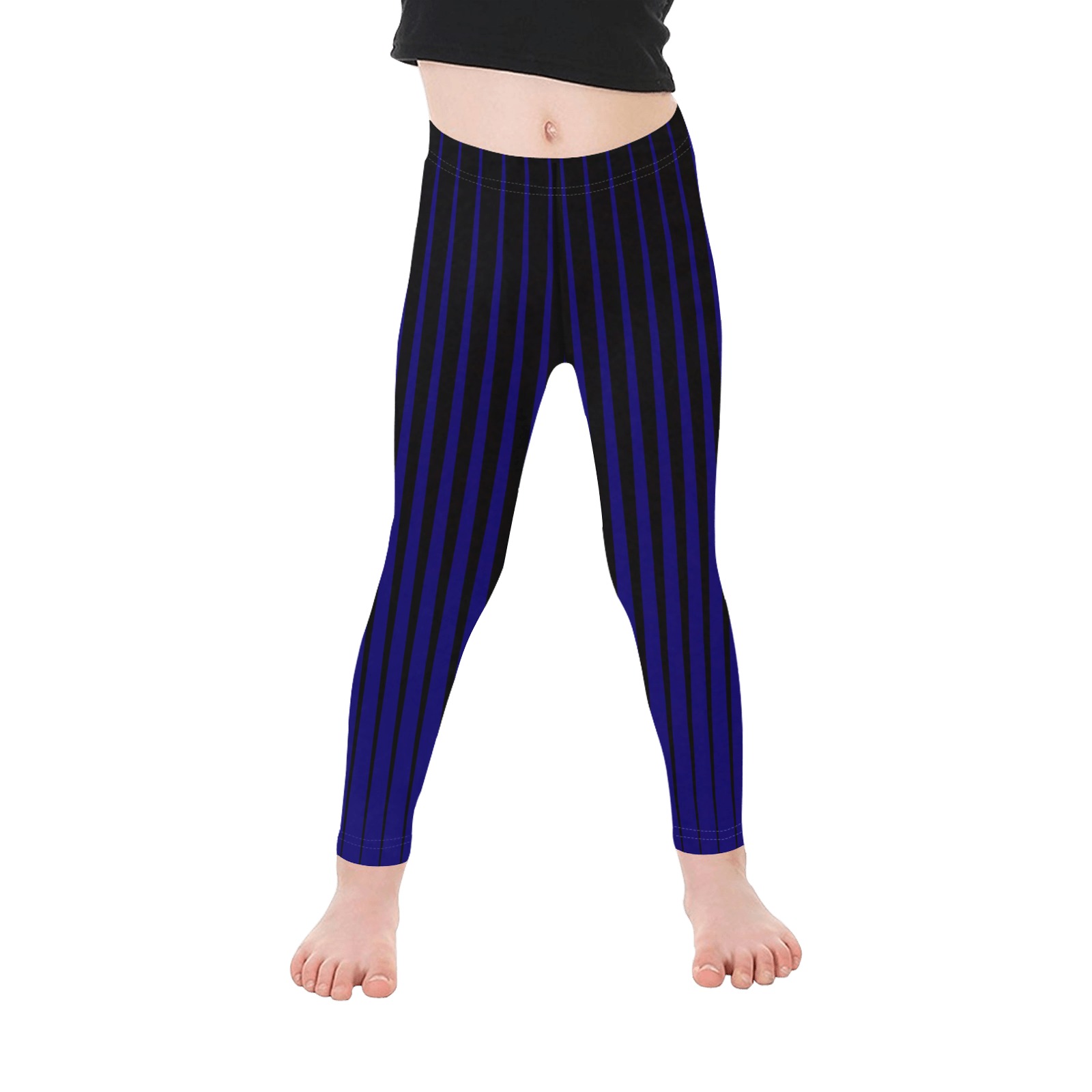 Blue Tapered Black Stripes Kid's Ankle Length Leggings (Model L06)