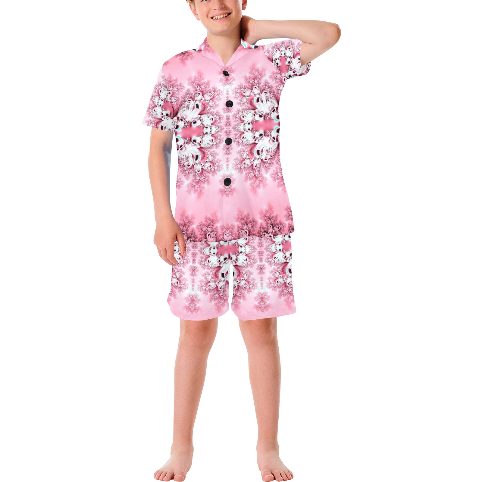 Pink Rose Garden Frost Fractal Big Boys' V-Neck Short Pajama Set