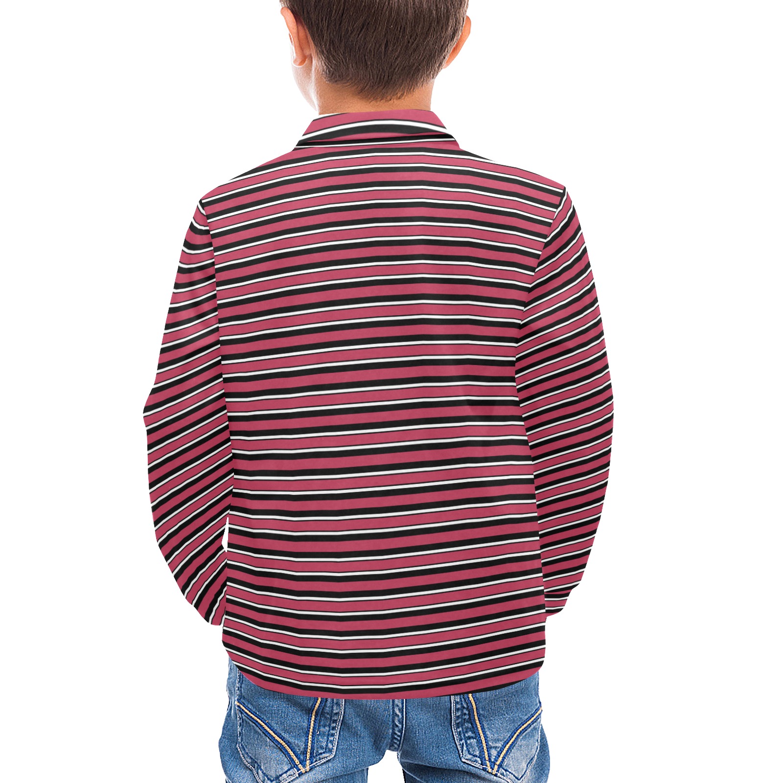 Magenta, Black and White Stripes Little Boys' All Over Print Long Sleeve Polo Shirt (Model T73)